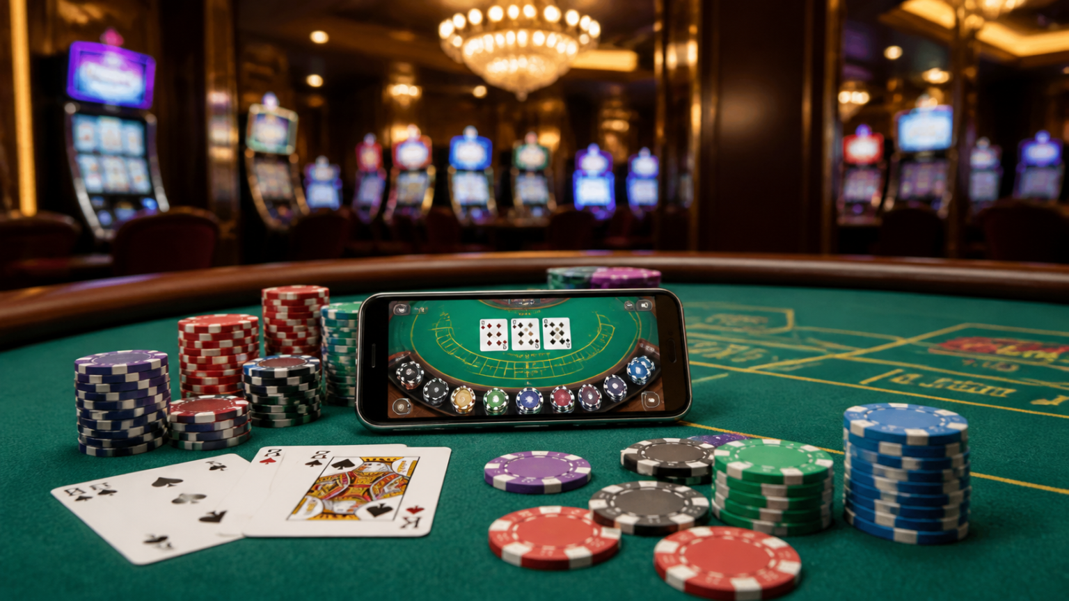 オンラインバカラとランドカジノの違いを徹底比較 Casino table with chips and phone showing online betting