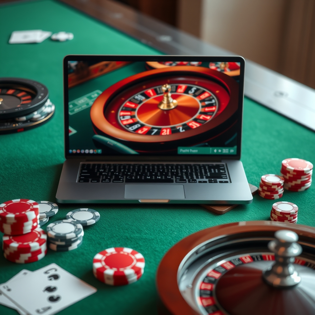 Scopri i Nuovi Casino Online e le Loro Principali Caratteristiche Laptop displaying an online casino roulette game beside chips and playing cards on green felt