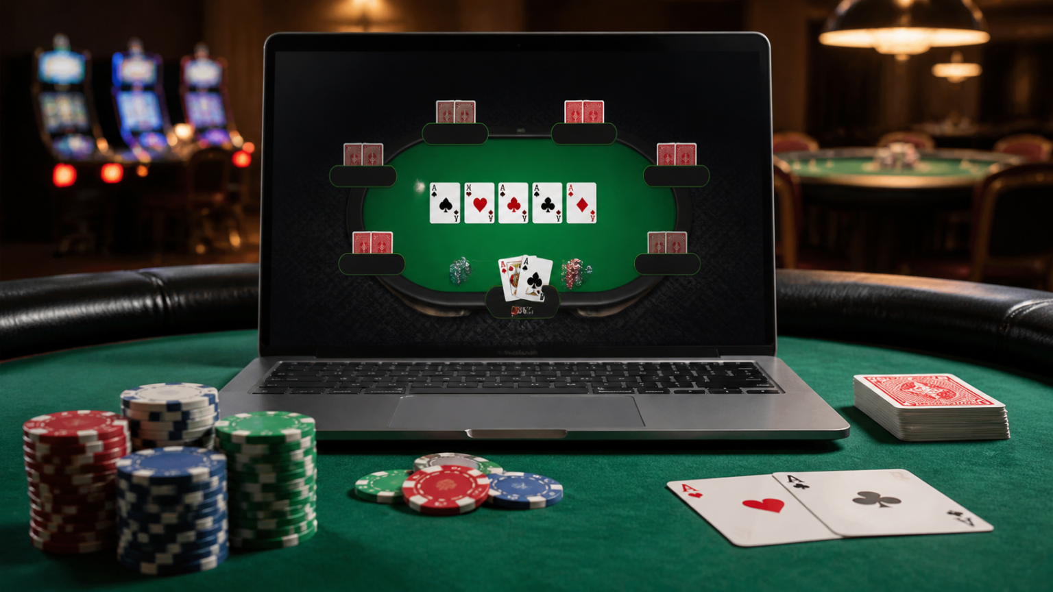 Texas Poker Online: Practical Guide to Smarter Play Texas Hold’em poker table with chips and a laptop for online play